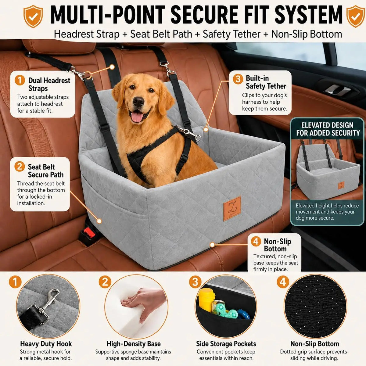 Washable Dog Car Seat Booster With Harness And Protective Base