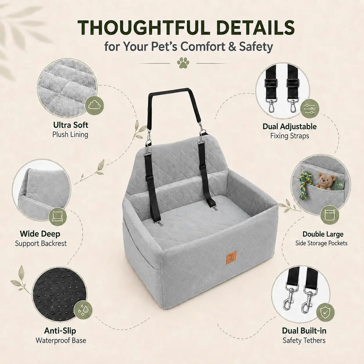 Washable Dog Car Seat Booster With Harness And Protective Base