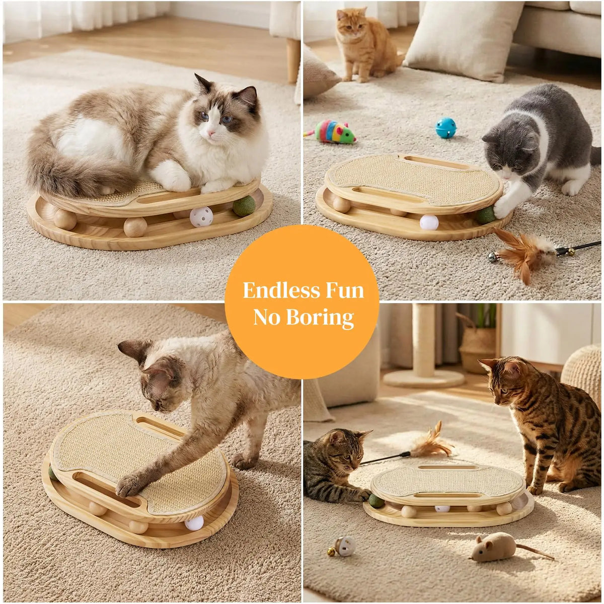 Stable Pinewood Cat Scratcher With Sisal Ball Track Toy