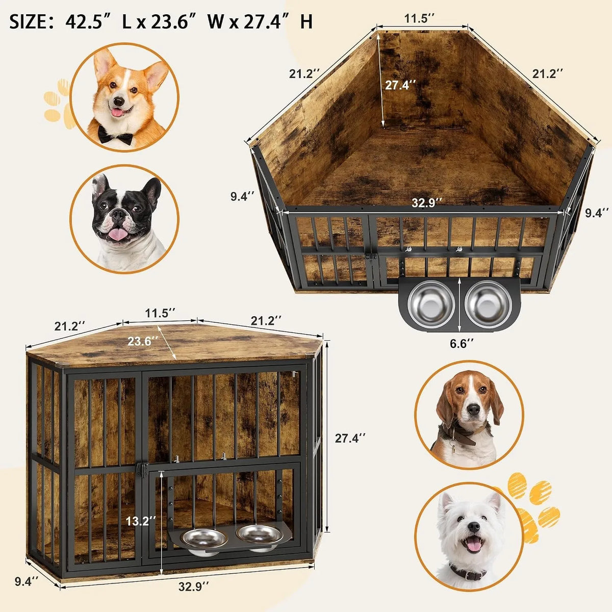 Wooden Corner Dog Crate Rotating Feeding Door And Secure Locks