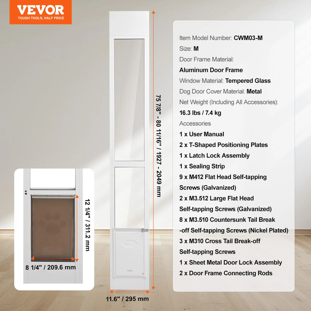 SucceBuy Adjustable Height Aluminum Frame Tempered Glass Sliding Pet Door