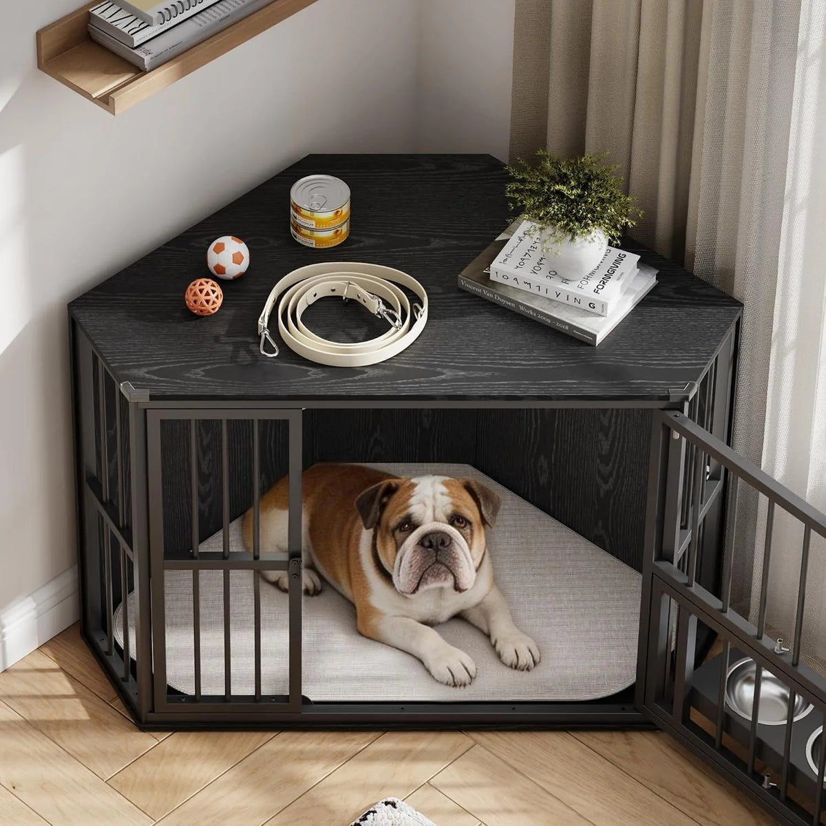 Wooden Corner Dog Crate Rotating Feeding Door And Secure Locks