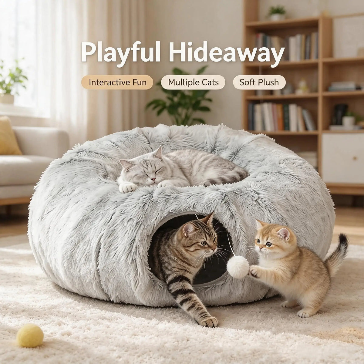 Premium Collapsible Cat Tunnel Bed With Donut Plush Cave