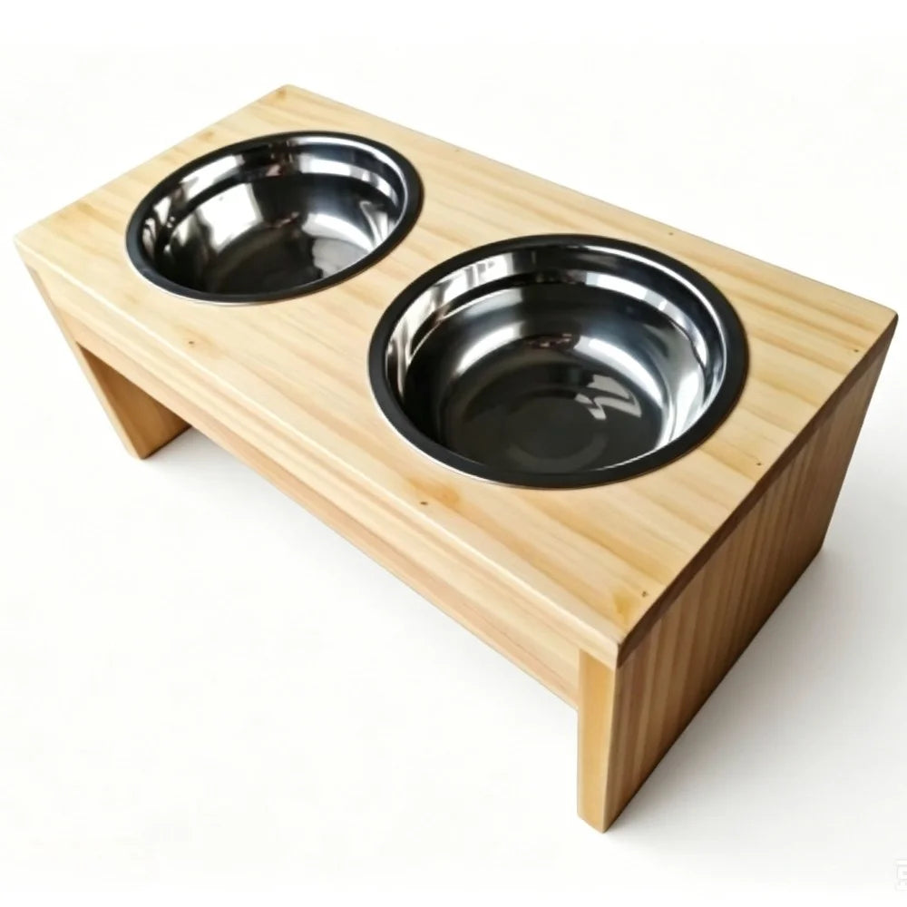 Wooden Elevated Dog Feeder Stand With Dual Stainless Steel Bowls