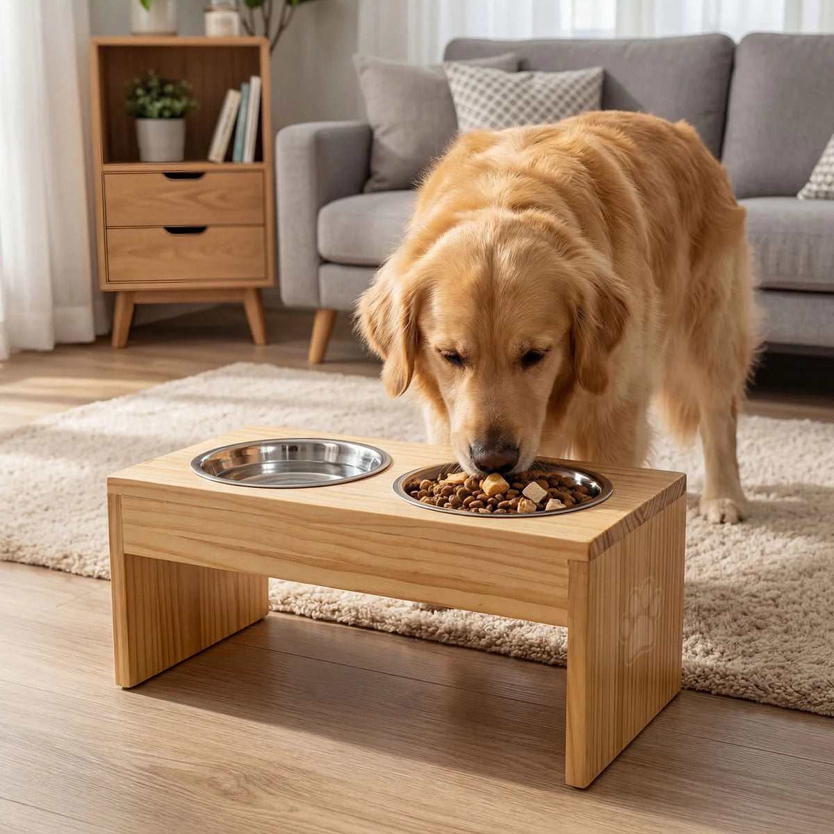 Wooden Elevated Dog Feeder Stand With Dual Stainless Steel Bowls