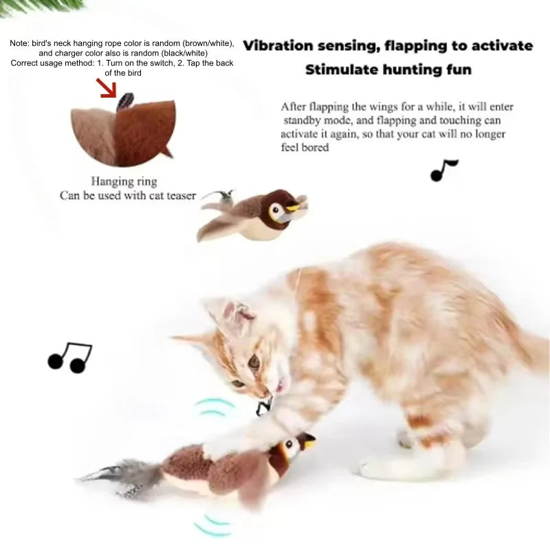 Touch Activated Plush Bird Cat Toy With Chirping Flapping Wings