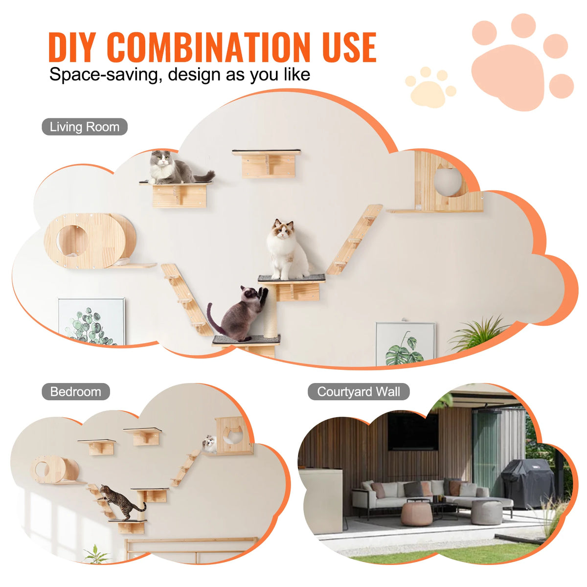 SucceBuy Wall Mounted Wooden Cat Shelves With Hammock And Perch