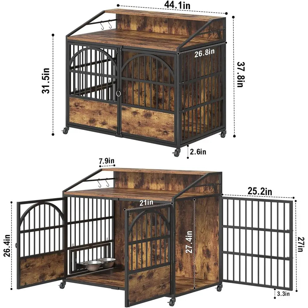 Heavy Duty Dog Crate With Integrated Wooden Table And Bowls