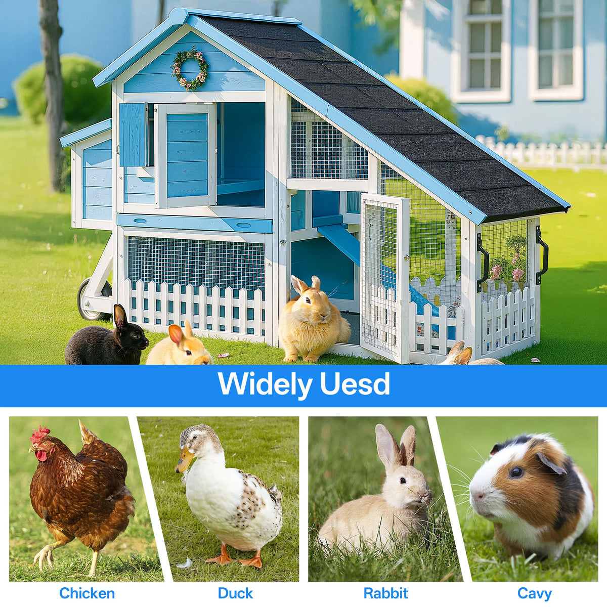 Outdoor Wheeled Double Deck Rabbit Hutch With Durable Wood Fence