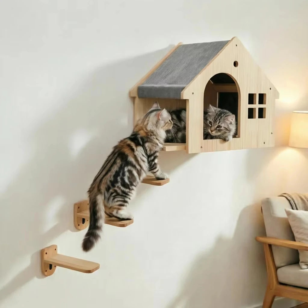 CWV Wall Mounted Wooden Cat Climbing Floating Shelf Villa