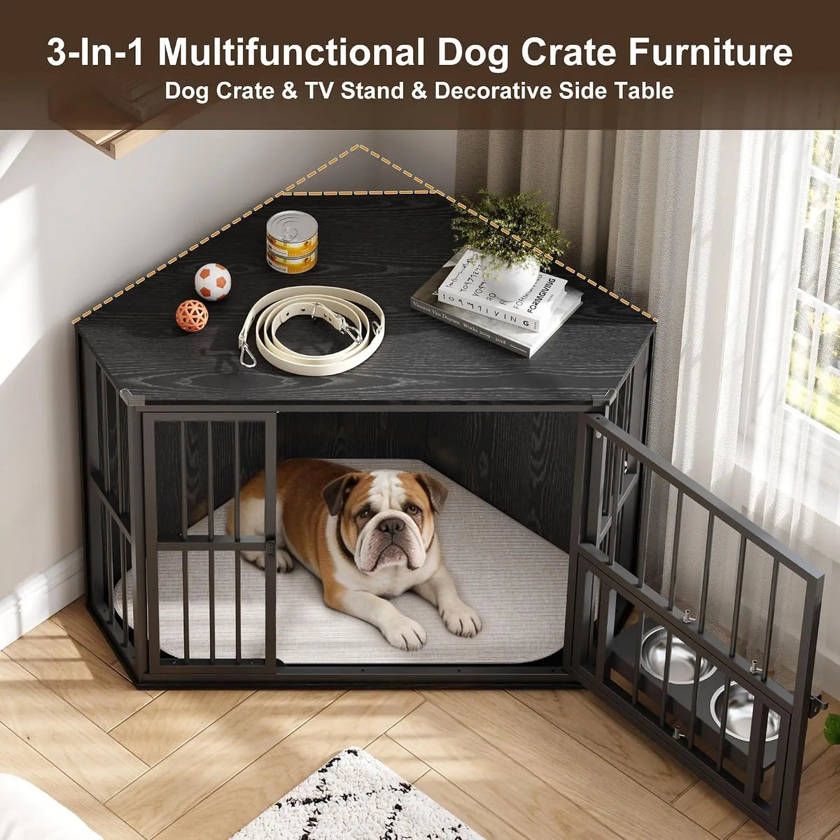 Wooden Corner Dog Crate Rotating Feeding Door And Secure Locks