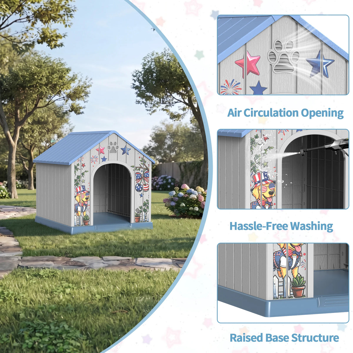 Weatherproof Outdoor Plastic Dog House With Printed Door Design