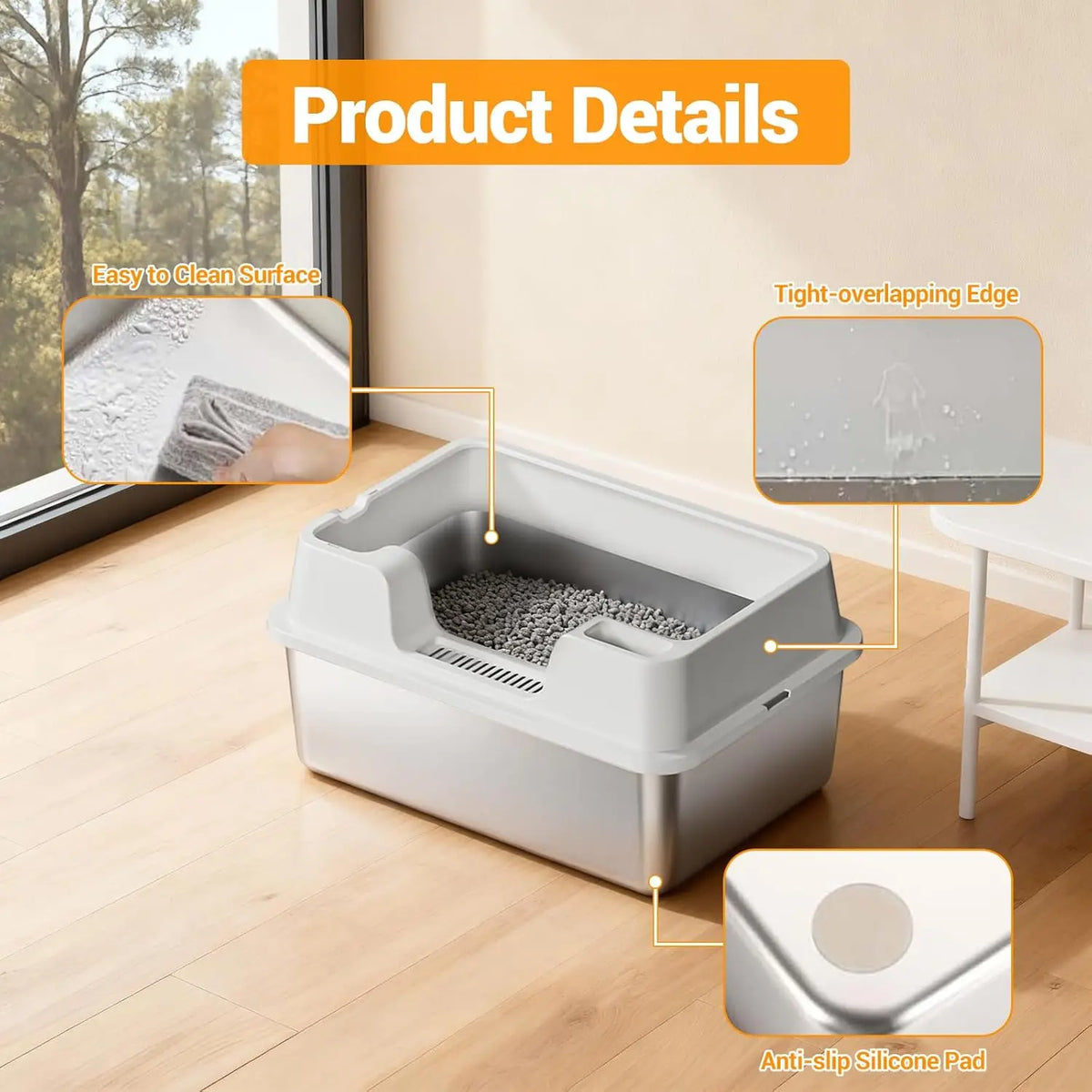 HiMISS Stainless Steel Enclosed Cat Litter Box High Walls