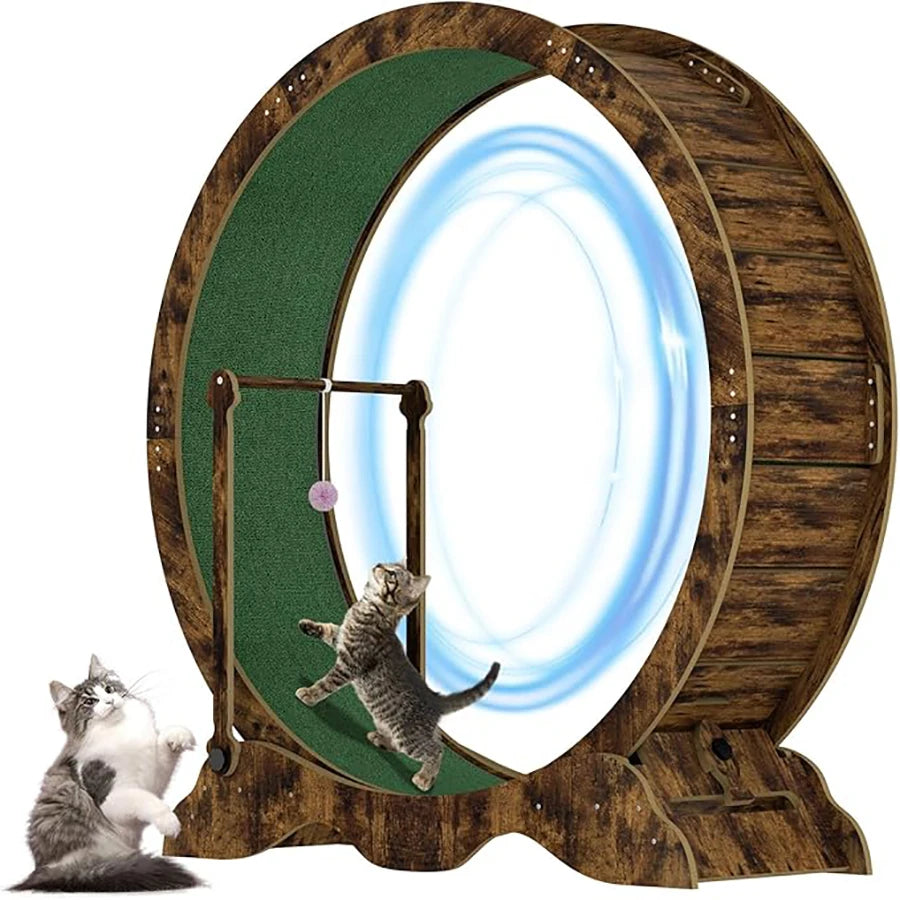 Indoor Wooden Cat Exercise Wheel With Detachable Carpeted Runway