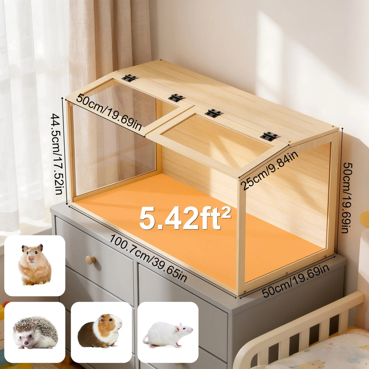 Wooden Small Pet Habitat Cage With Tempered Glass And Led Lighting
