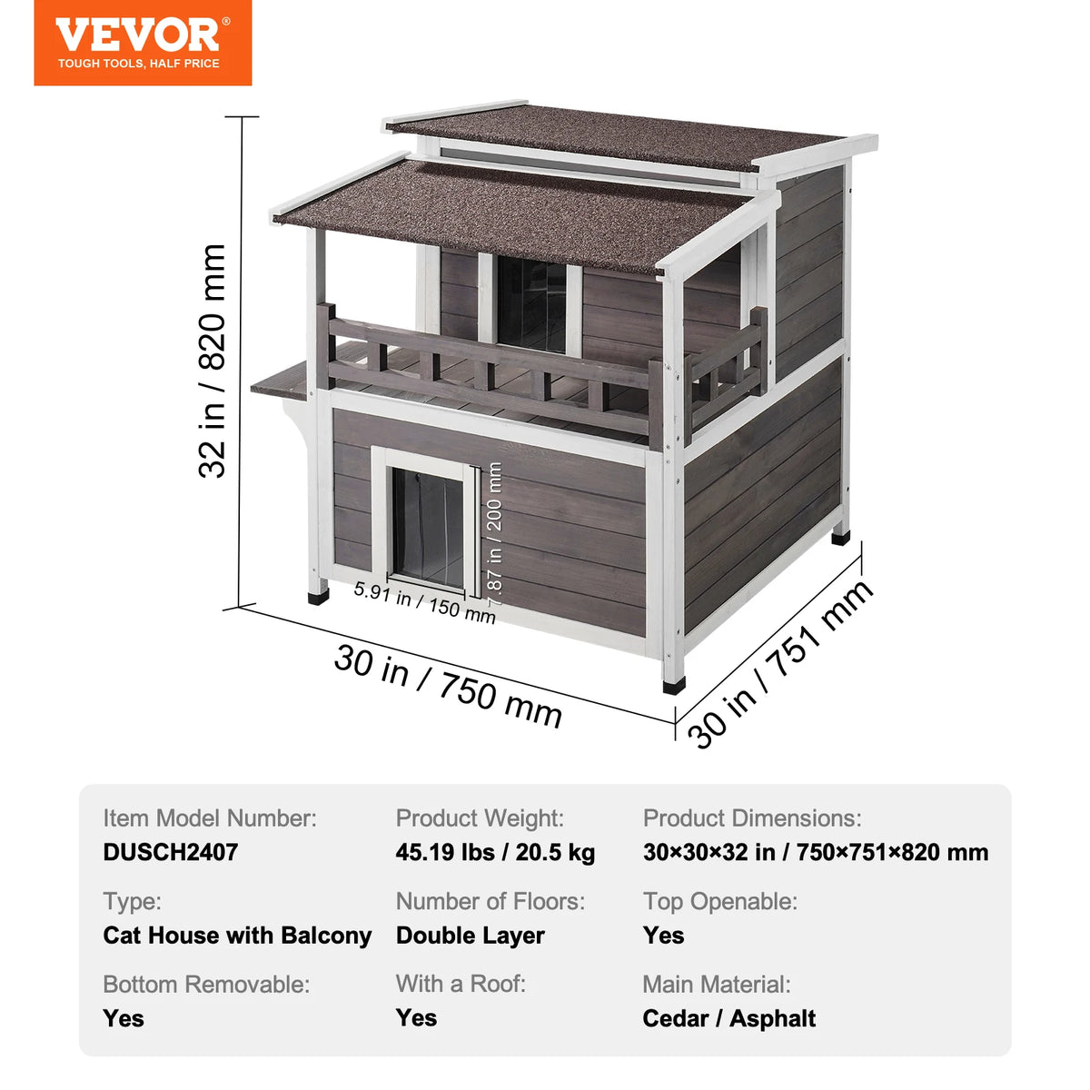 Weatherproof Cedar Outdoor Cat House With Balcony And Double Floor