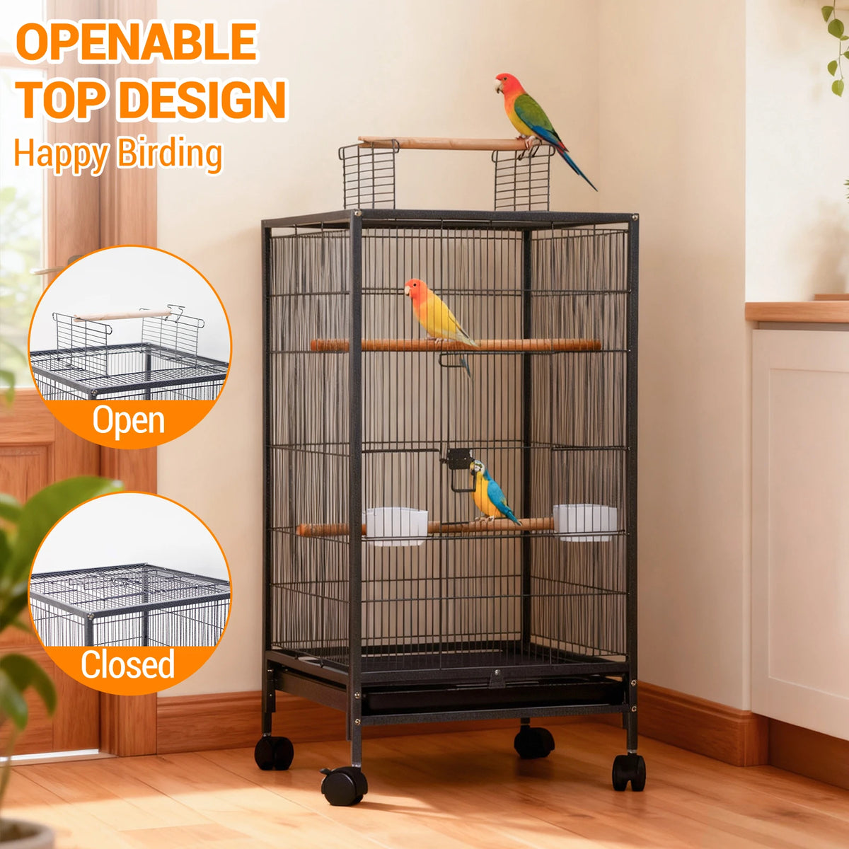 HiMISS Open Top Metal Bird Cage With Wooden Perches