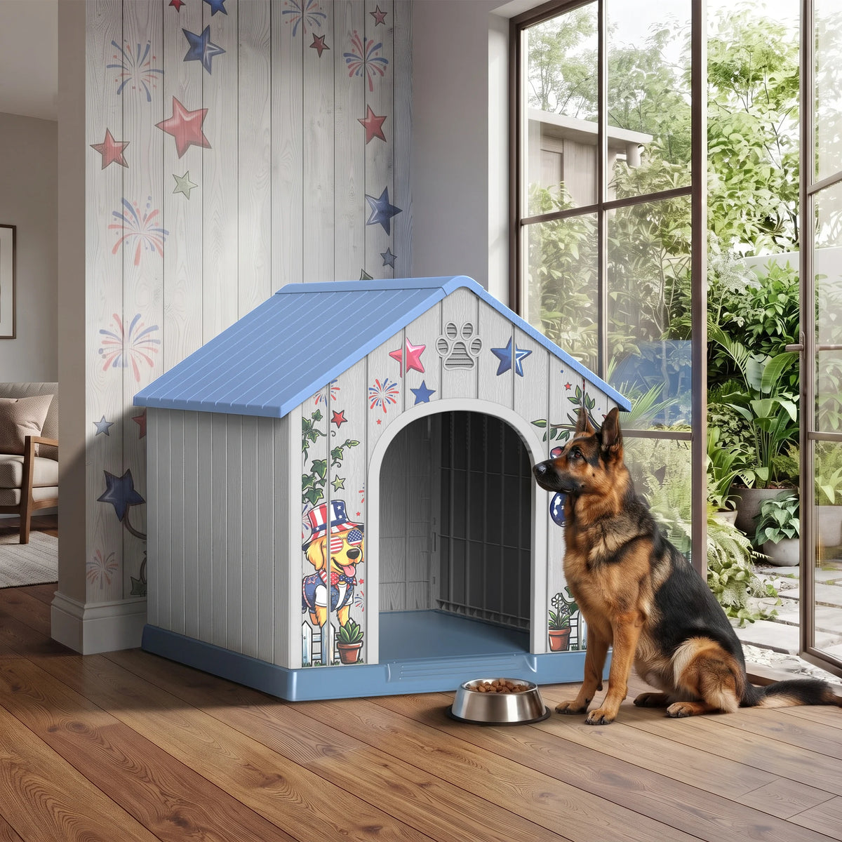 Weatherproof Outdoor Plastic Dog House With Printed Door Design