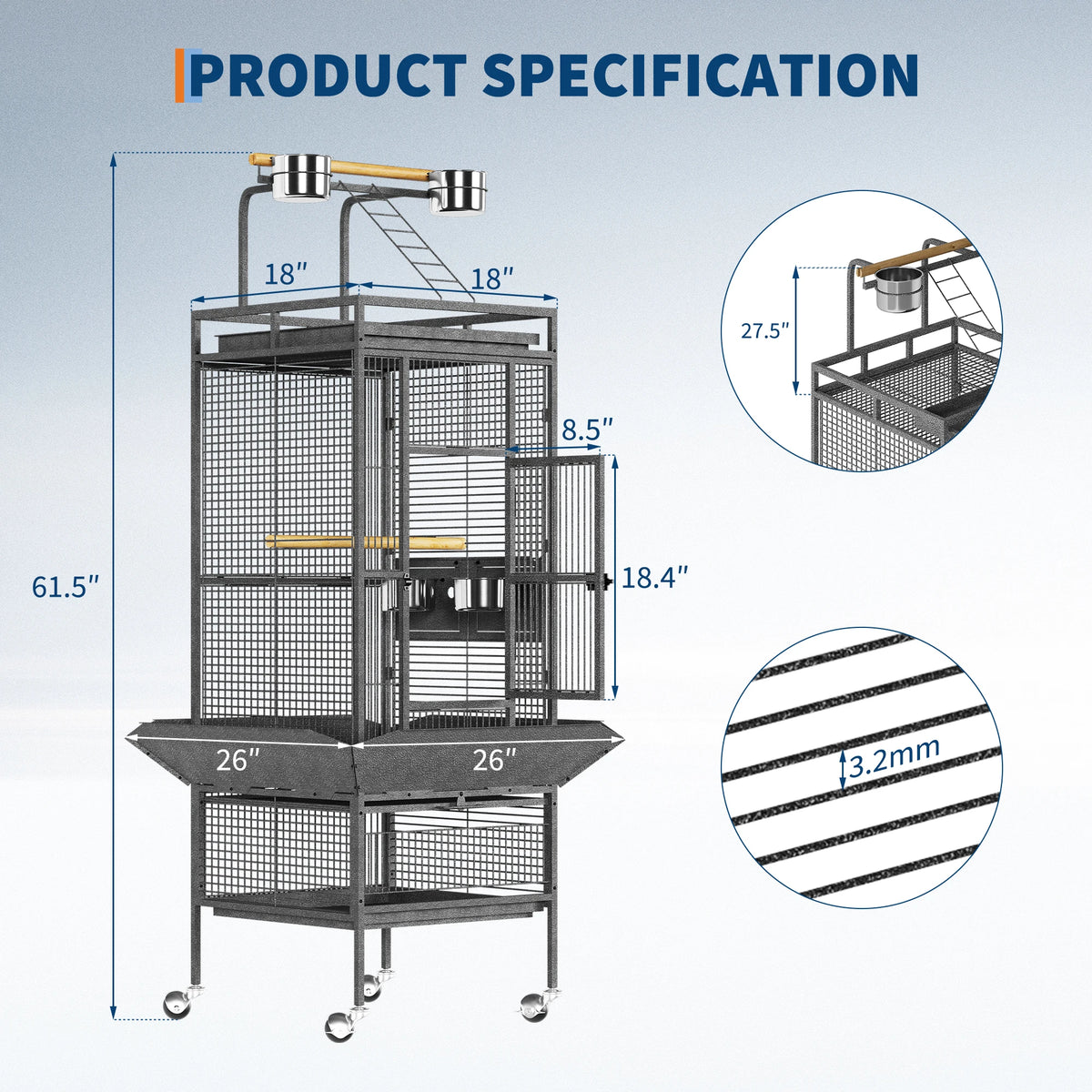 Premium Wrought Iron Play Top Bird Cage With Rolling Stand