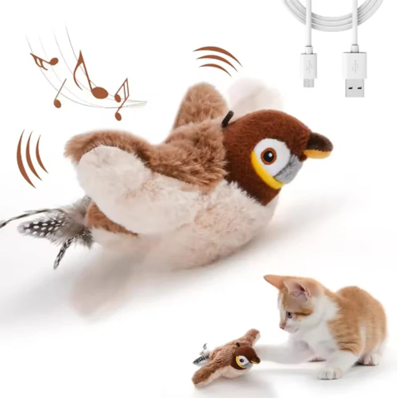 Touch Activated Plush Bird Cat Toy With Chirping Flapping Wings