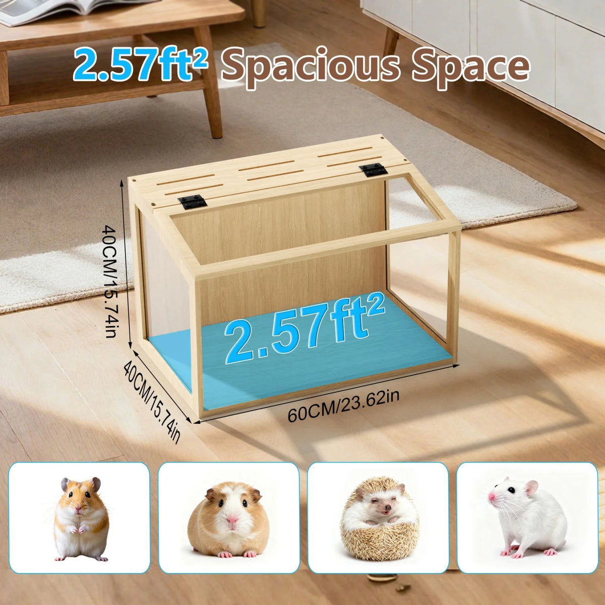 Wooden Small Pet Habitat Cage With Tempered Glass And Led Lighting