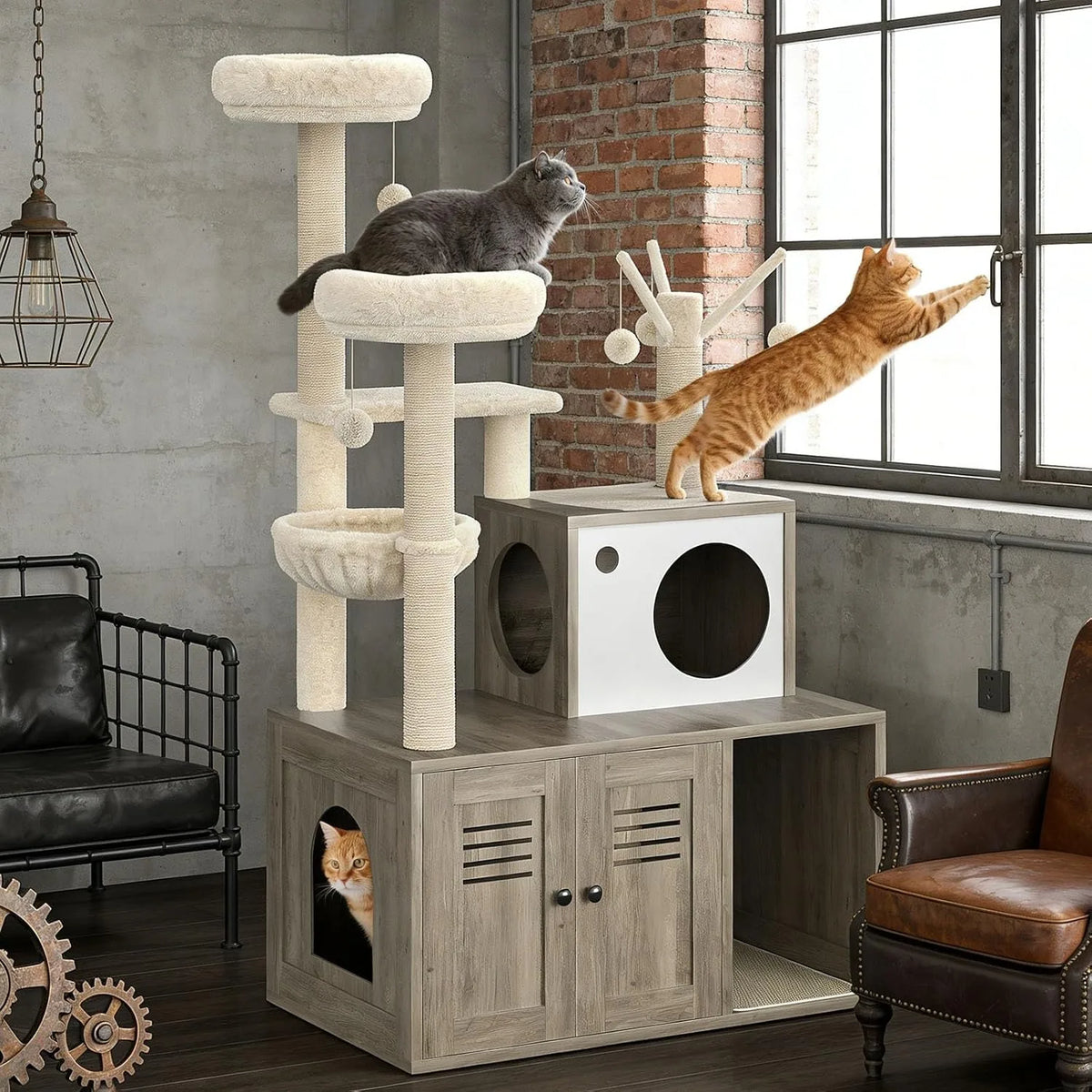 Modern Multi Level Cat Tree With Hidden Litter Box Enclosure