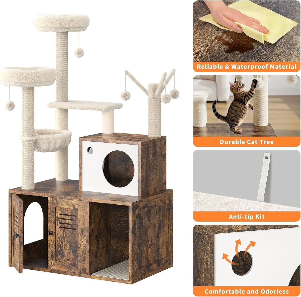 Modern Multi Level Cat Tree With Hidden Litter Box Enclosure