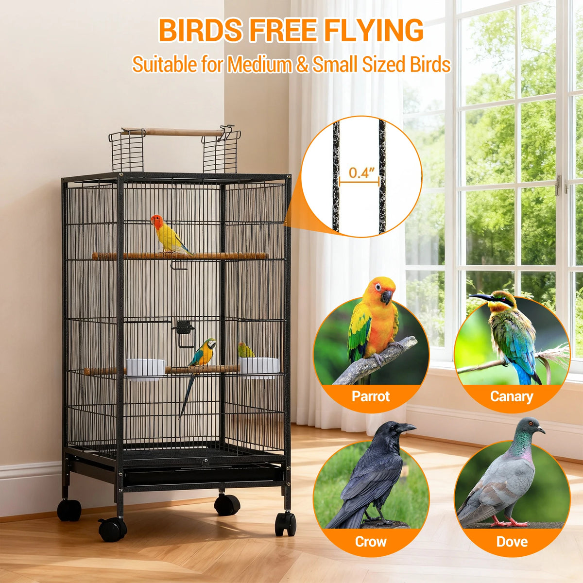 HiMISS Open Top Metal Bird Cage With Wooden Perches