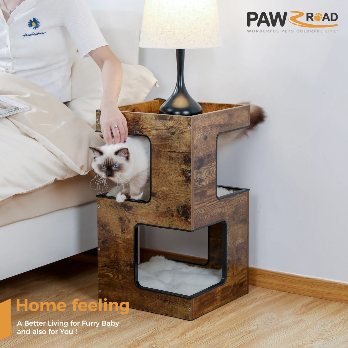 PAWZ Road Wood Cat Condo Featuring Scratching Pad And Bed