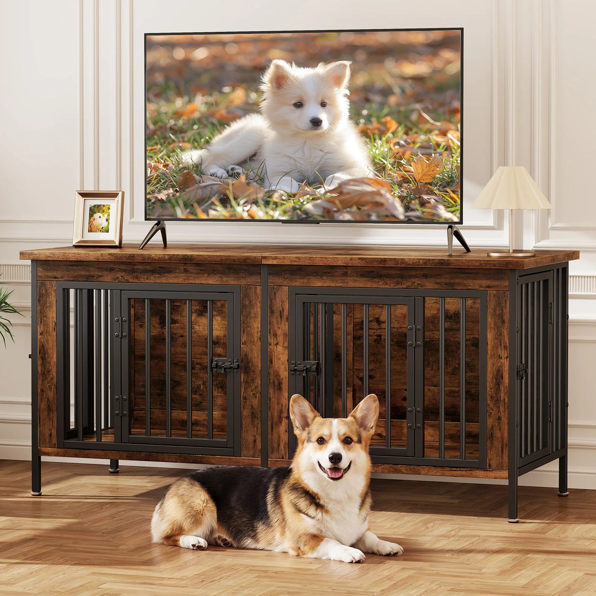 JHK Double Door Wooden Dog Kennel For Indoor Outdoor Pets