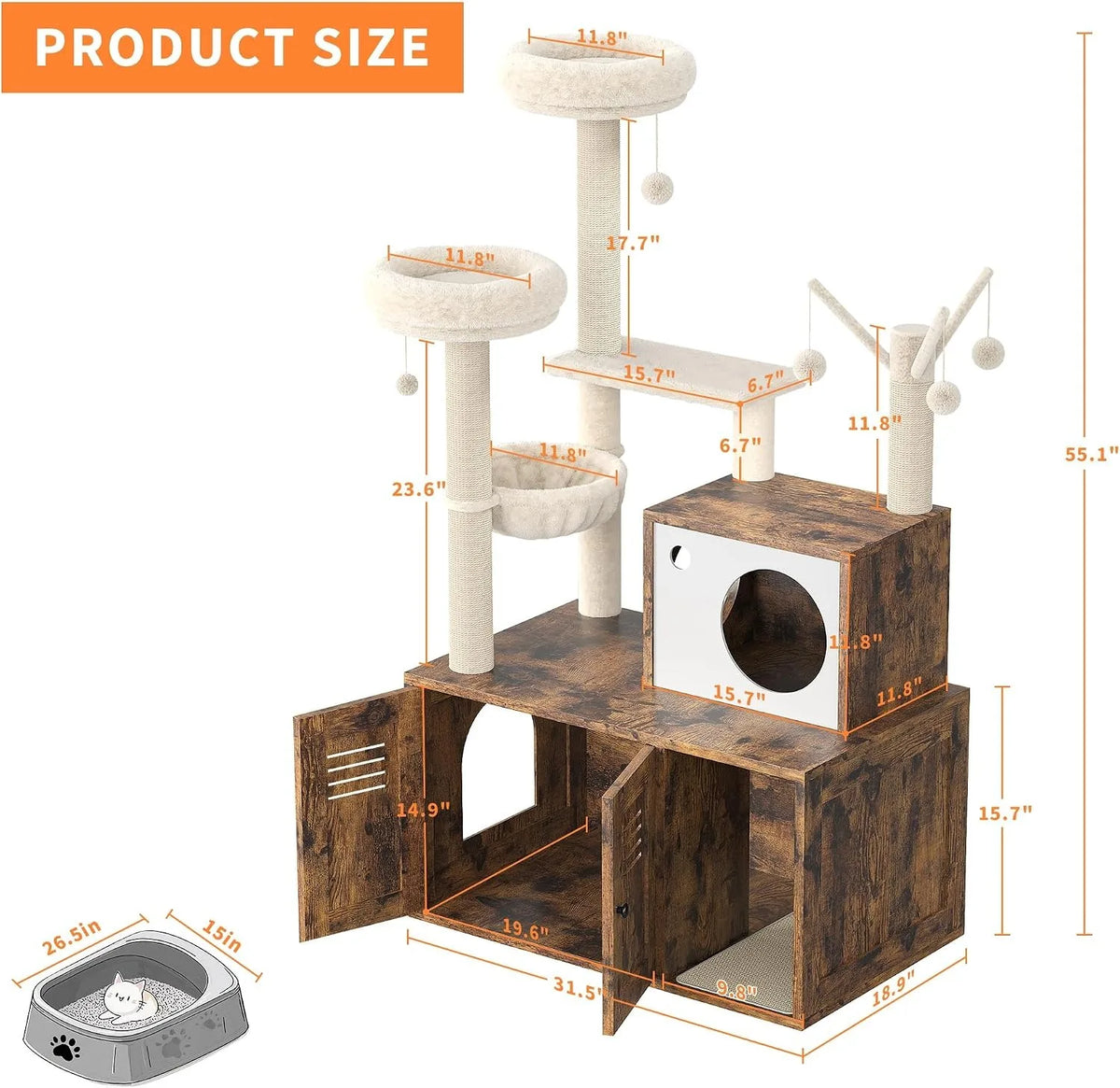 Modern Multi Level Cat Tree With Hidden Litter Box Enclosure