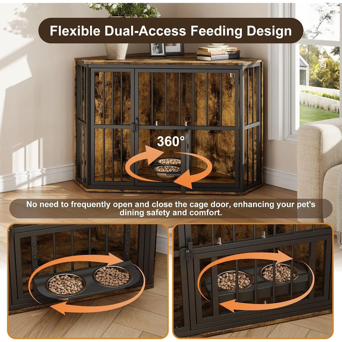 Wooden Corner Dog Crate Rotating Feeding Door And Secure Locks