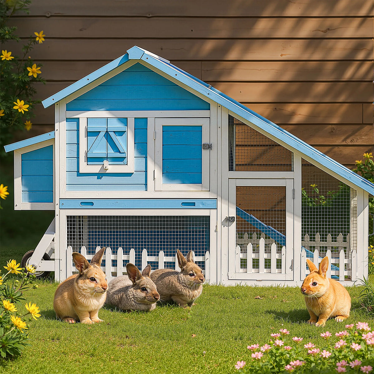 Outdoor Wheeled Double Deck Rabbit Hutch With Durable Wood Fence