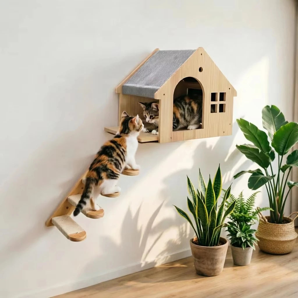 CWV Wall Mounted Wooden Cat Climbing Floating Shelf Villa