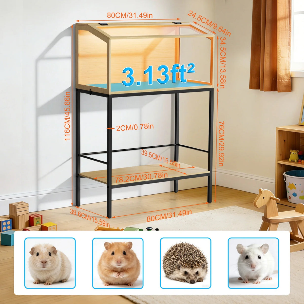 Wooden Small Pet Habitat Cage With Tempered Glass And Led Lighting