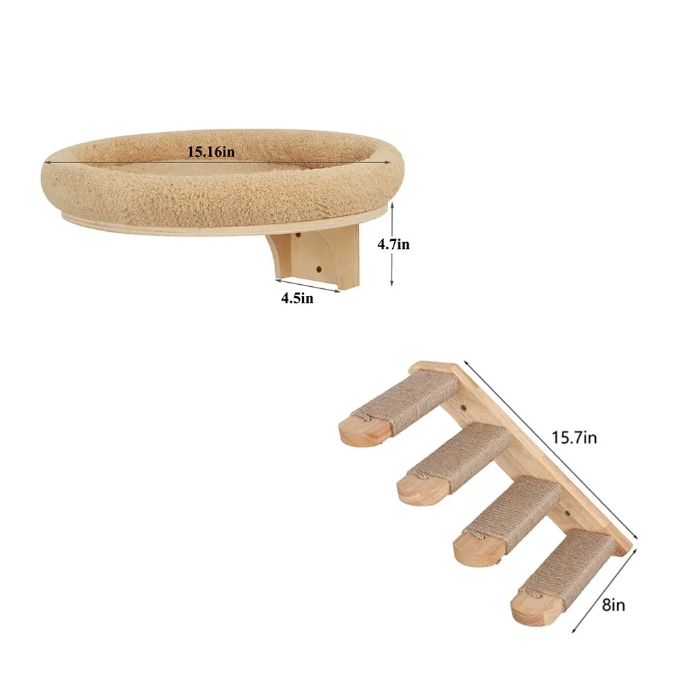 CWV Wooden Cat Wall Mount Climbing Ladder And Hammock Platform
