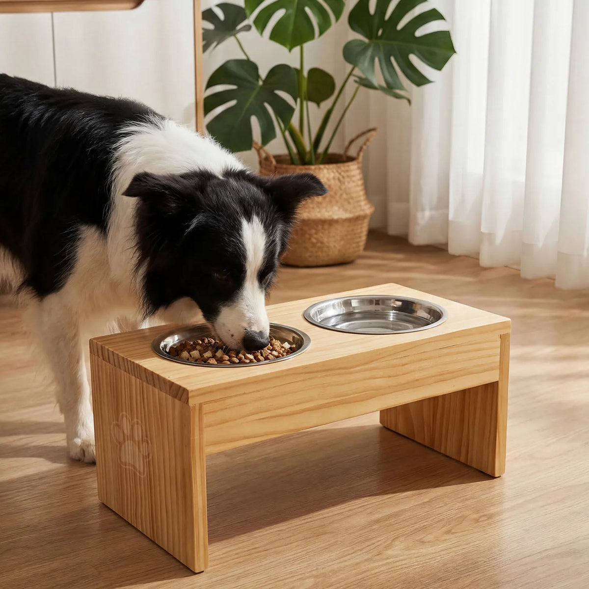 Wooden Elevated Dog Feeder Stand With Dual Stainless Steel Bowls