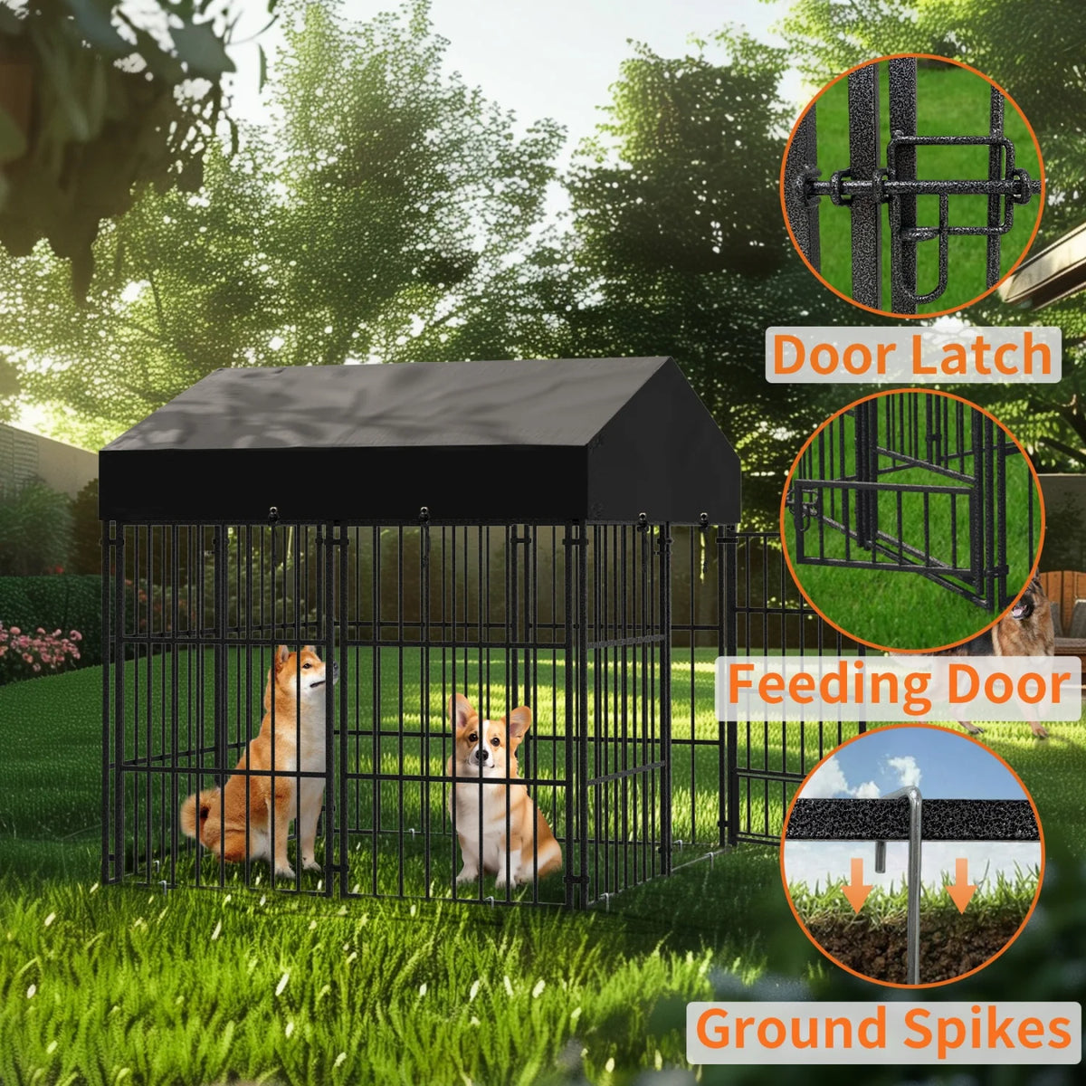 Heavy Duty Metal Dog Kennel With Roof For Outdoor Pets