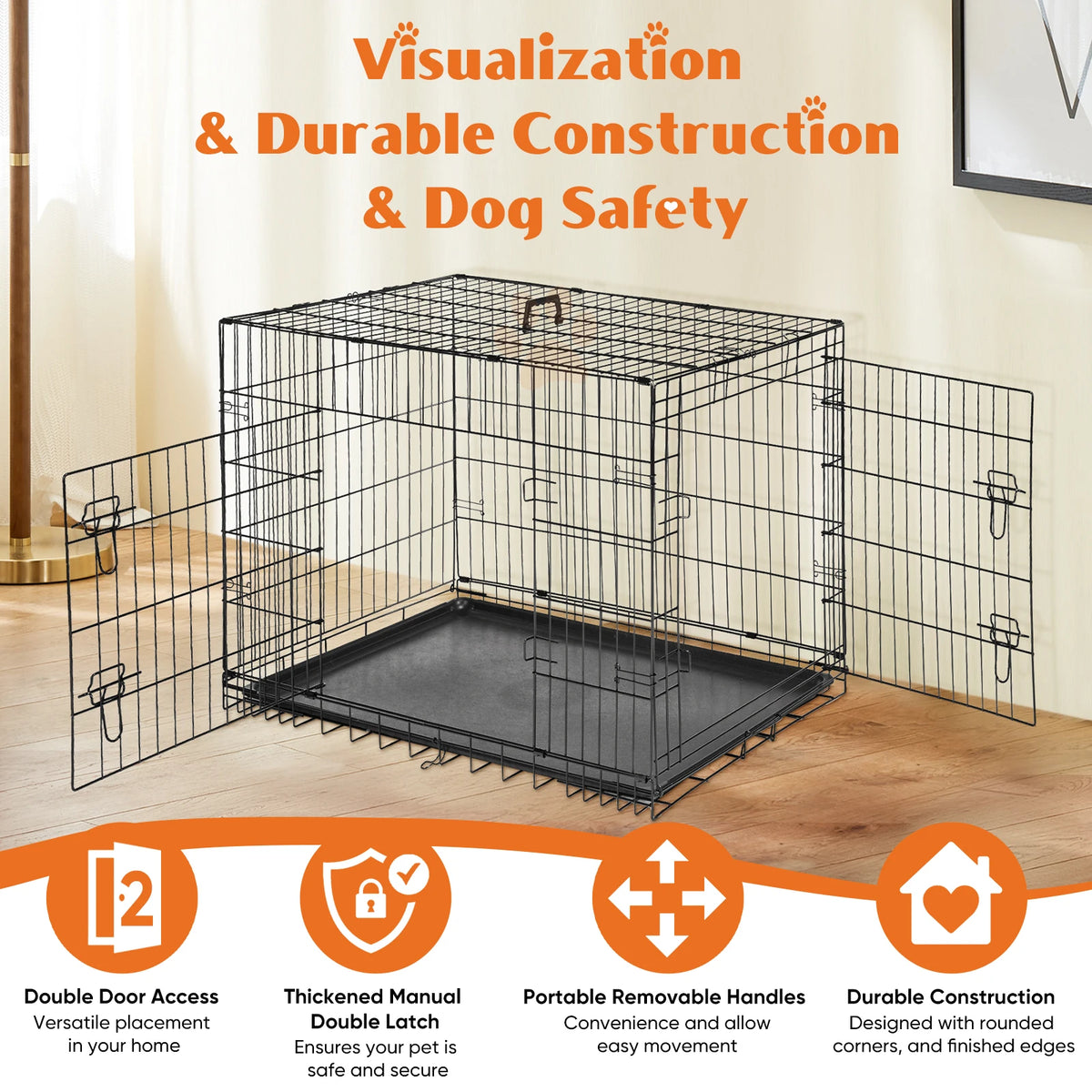 JHK Double Door Folding Metal Dog Kennel With Leakproof Tray