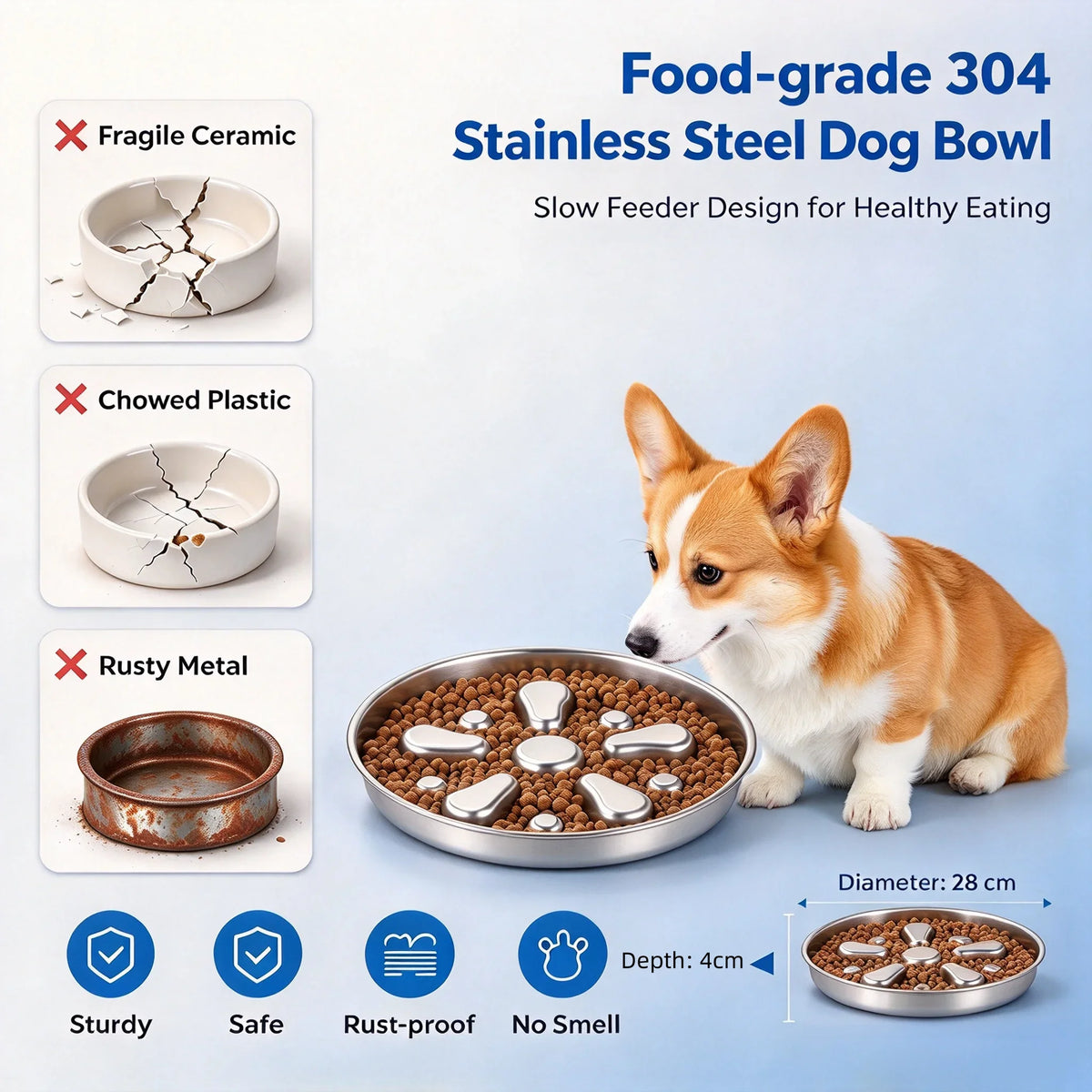 Stainless Steel Slow Feeder Dog Bowl With Flower Design