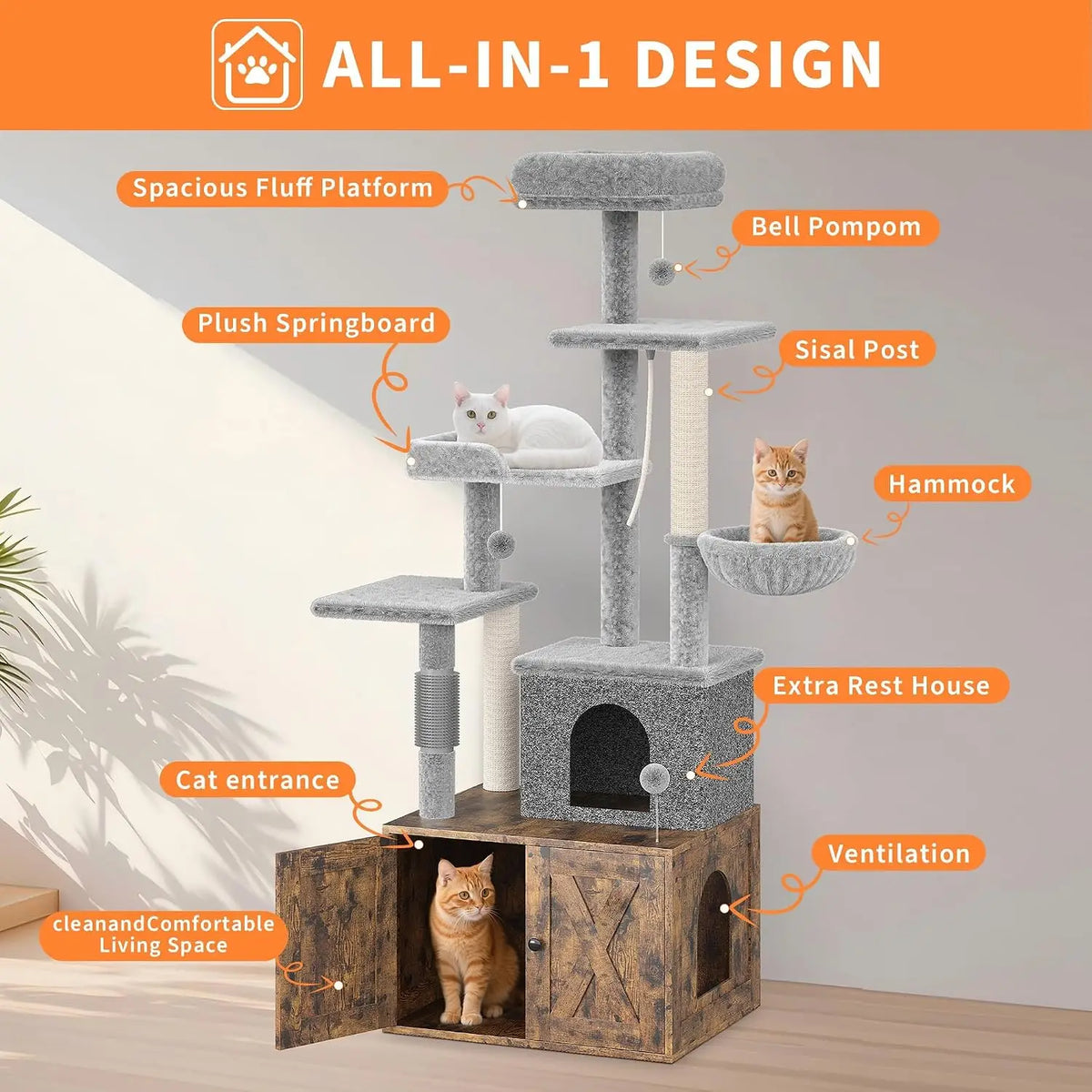 Tackleekii Multi Level Cat Tree With Litter Box Enclosure