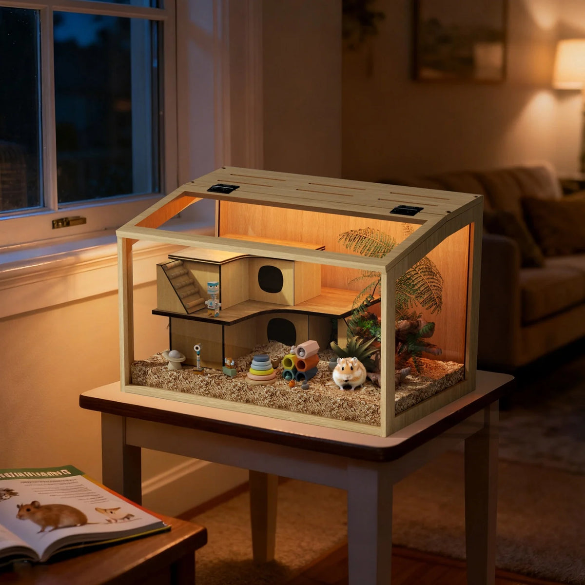 Wooden Small Pet Habitat Cage With Tempered Glass And Led Lighting