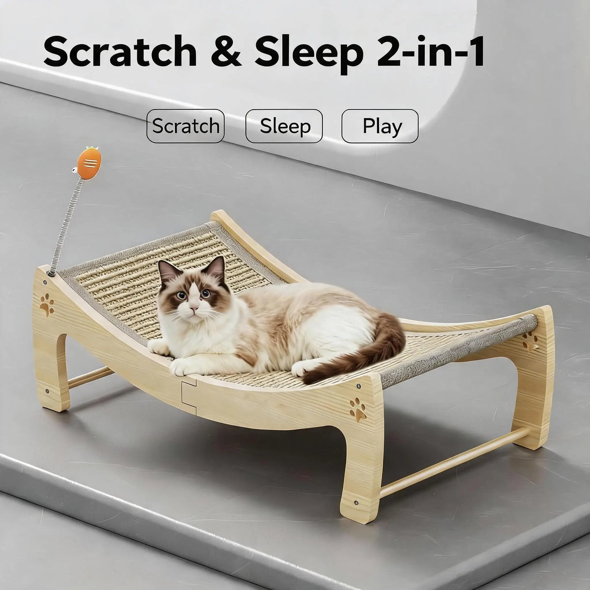 Premium Wooden Cat Scratcher Lounge Bed With Integrated Ball Toy