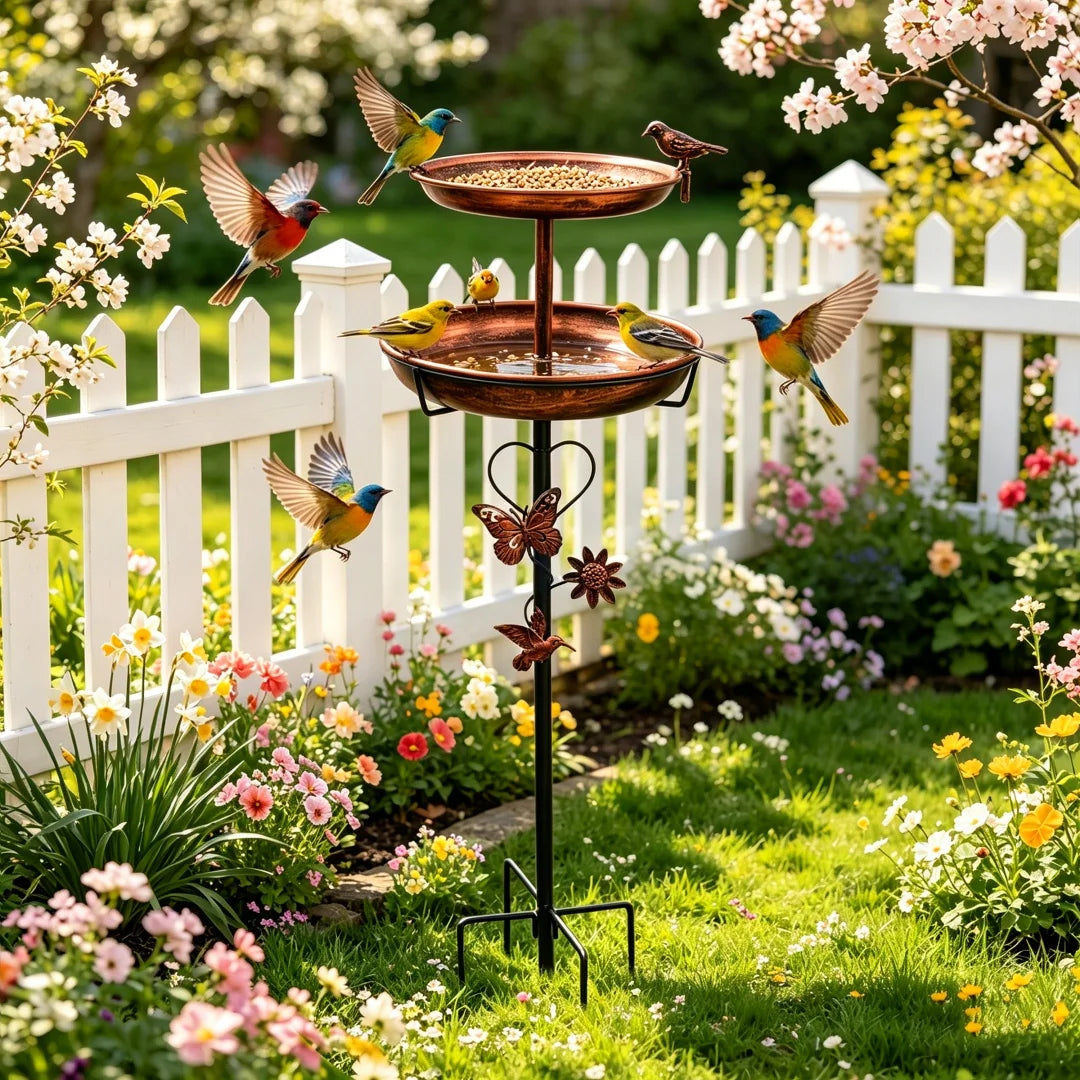 Dual Tier Outdoor Bird Feeder And Birdbath Stand For Gardens