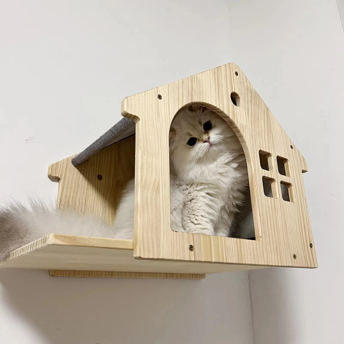 CWV Wall Mounted Wooden Cat Climbing Floating Shelf Villa