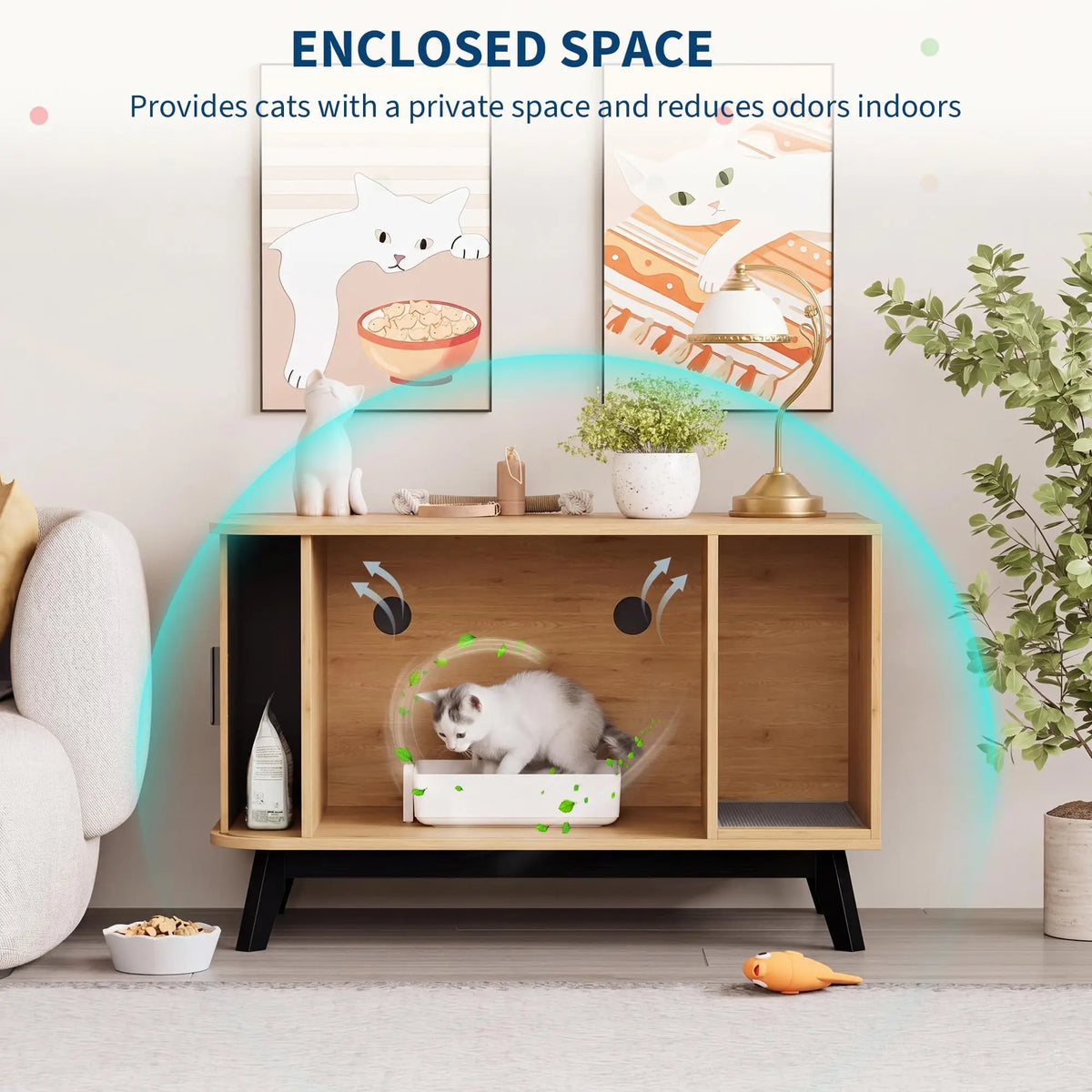 Hidden Litter Box Enclosure Furniture with Sliding Door