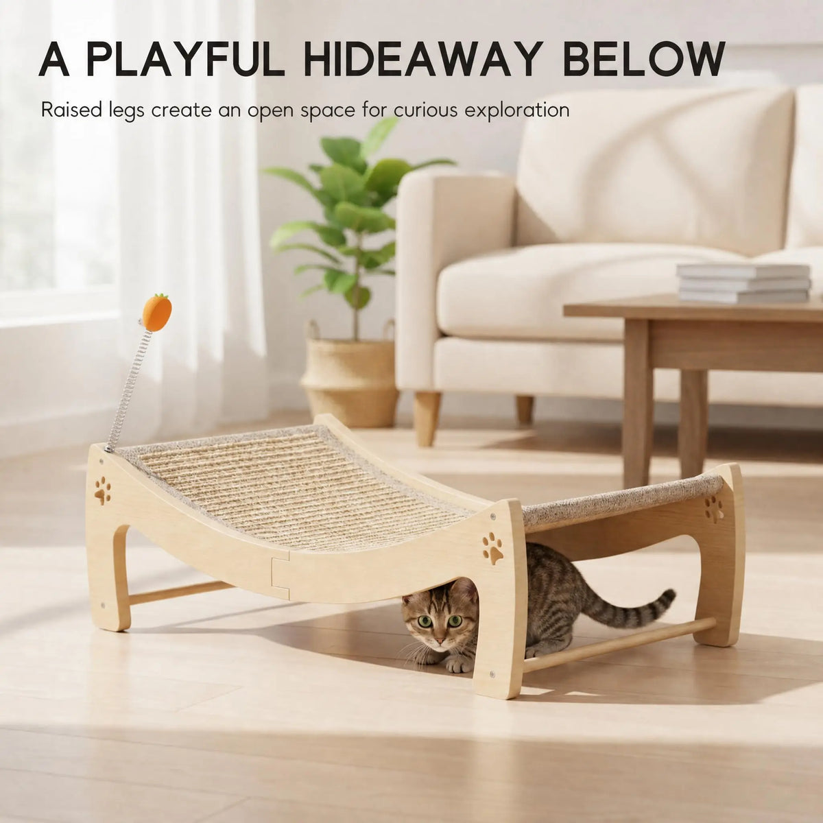 Premium Wooden Cat Scratcher Lounge Bed With Integrated Ball Toy