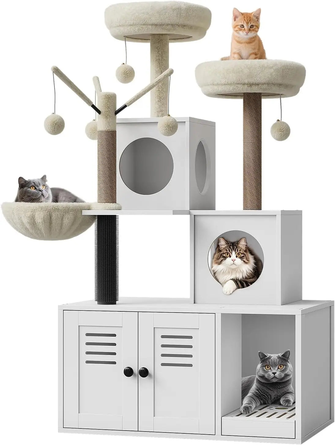 Garvee Cat Tower With Hidden Litter Cabinet And Padded Hammock