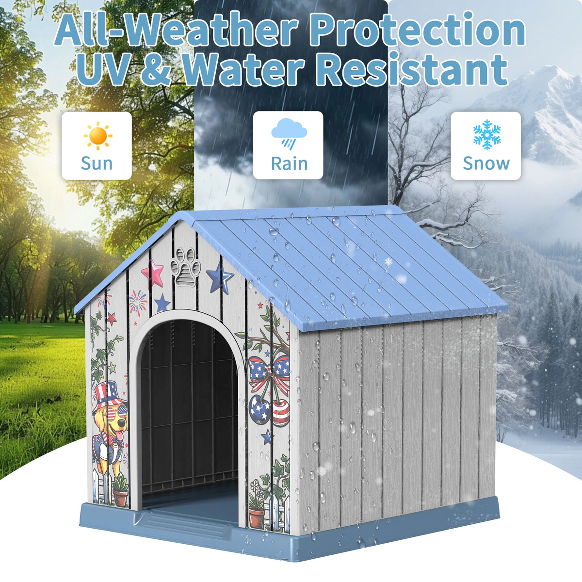 Weatherproof Outdoor Plastic Dog House With Printed Door Design