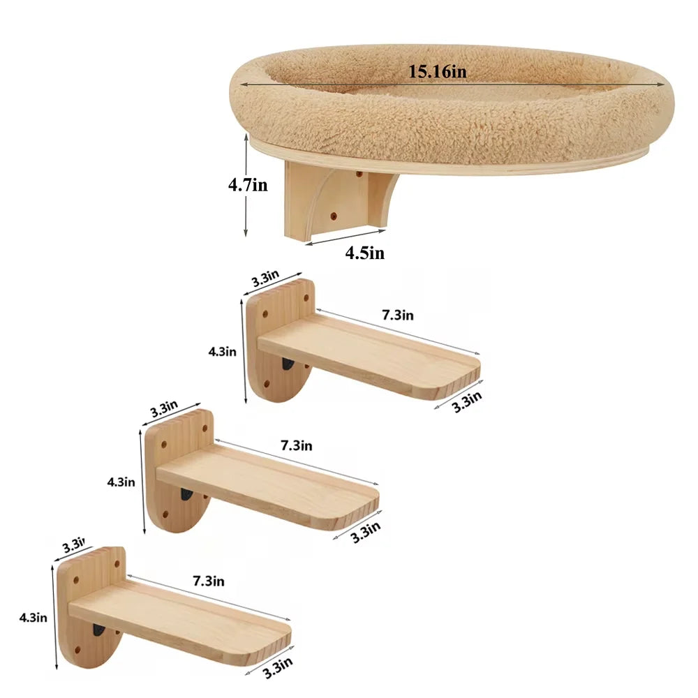 CWV Wooden Cat Wall Mount Climbing Ladder And Hammock Platform